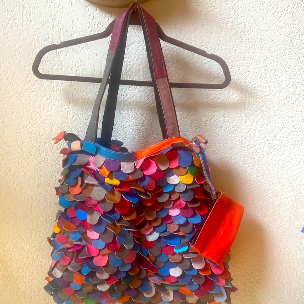 Multicolor Patchwork/Feather Amen Leather Tote Bag - image 2